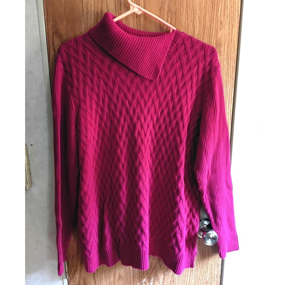 Magenta Diamond Knit Sweater Large Foldover Collar Après Ski Preppy Lands’ End